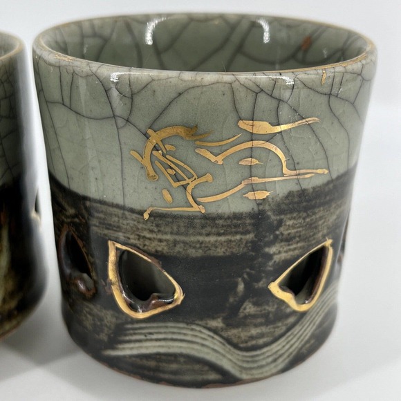 Vtg 4 Green Brown Somayaki Japan Double Wall Crackle Glazed Heart Tea Cups 200ml - Picture 5 of 16